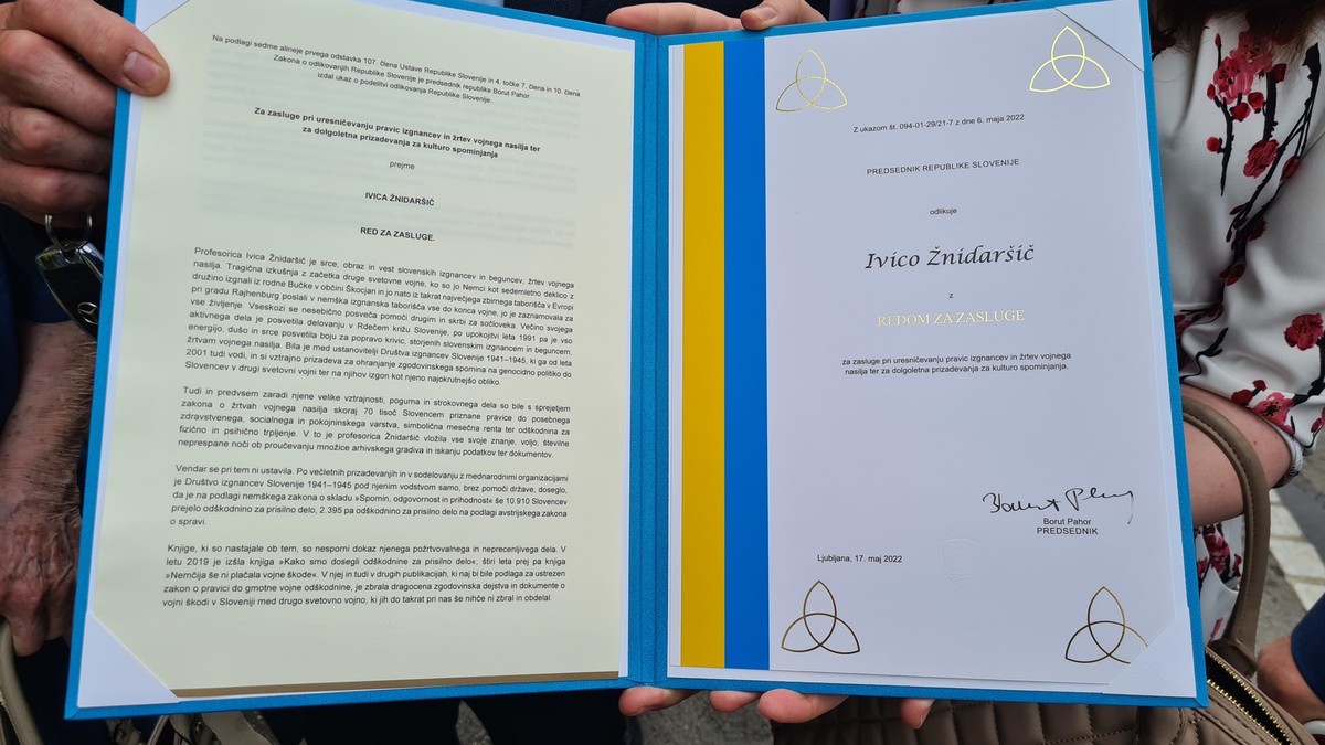 Ivica Žnidaršič, predsednica Društva izgnancev Slovenije prejela Red za zasluge od Boruta Pahorja<br>(Avtor: Milan Skledar)