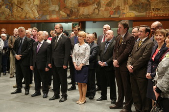 Alojz Kovšca, predsednik Državnega sveta, dr. Aleksandra Pivice, ministrica MKGP, Boštjan Noč, predsednik ČZS, mag. Tanja Strniša, državna sekretarka MKGP na prvi obletnici razglasitve svetovnega dneva čebel, 2018<br>(Avtor: Milan Skledar)