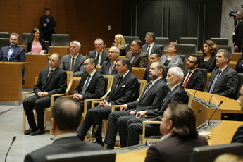 Marjan Šarec, predsednik Vlade RS, Borut Pahor, predsednik Republike Slovenije, Alojz Kovšca, predsednik Državnega sveta in Damijan Florjančič, predsednik Vrhovnega sodišča na slavnostni seji Državnega zbora, 2018 <br>(Avtor: Milan Skledar)