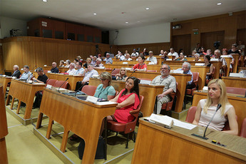 Poslušalci in govorniki na posvetu o človekovih pravicah invalidov<br>(Avtor: Milan Skledar)