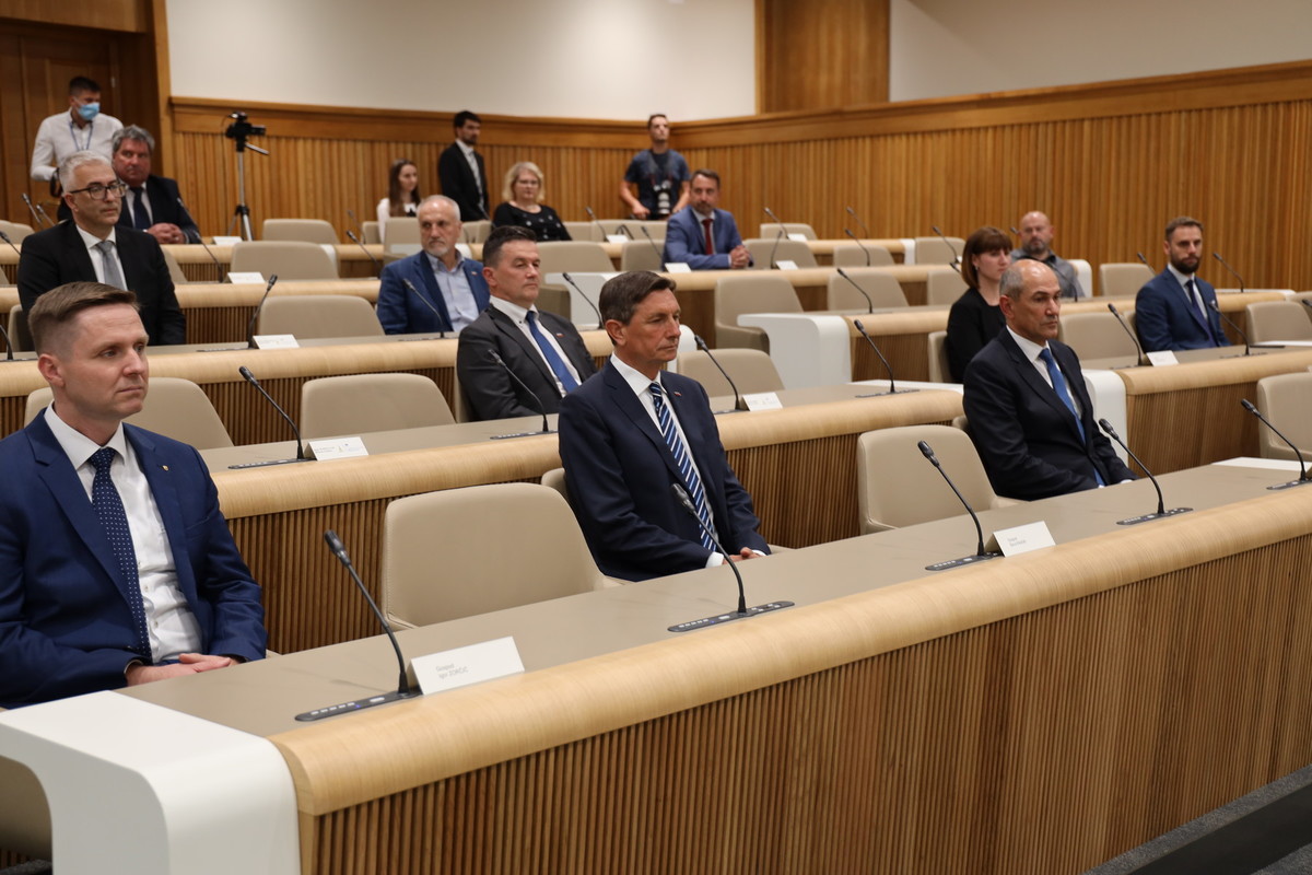 Igor Zorčič, predsednik DZ, Borut Pahor, predsednik RS, Janez Janša, predsednik vlade RS, slavnostna seja Državnega sveta ob dnevu državnosti Republike Slovenije<br>(Avtor: Milan Skledar)